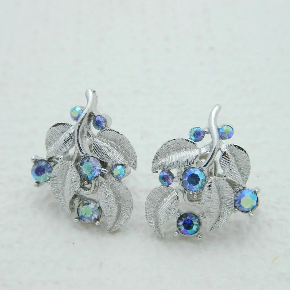 CROWN TRIFARI Blue AB Rhinestone  Clip Earrings